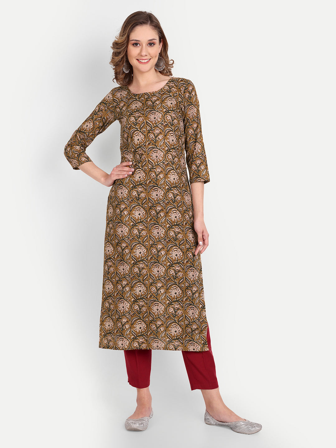 Brown Printed Pure Cotton Kurti ni