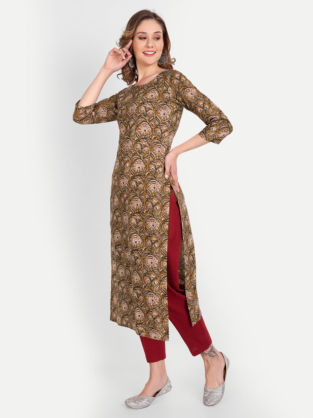 Brown Printed Pure Cotton Kurti ni