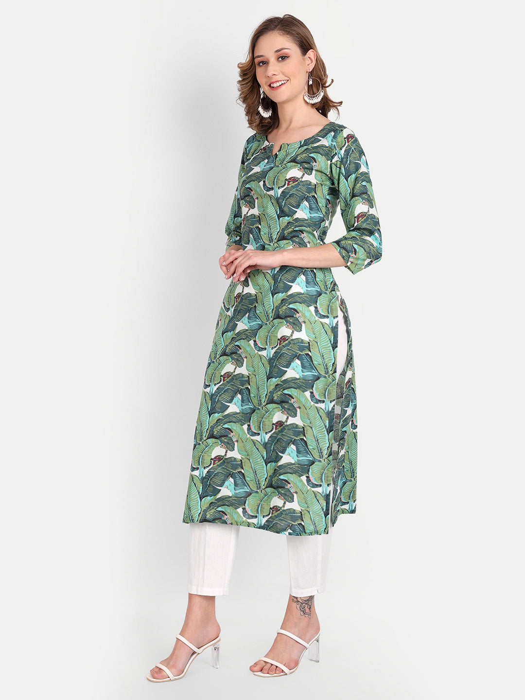 Green Leaf Print Pure Cotton Kurti