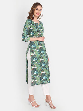 Green Leaf Print Pure Cotton Kurti