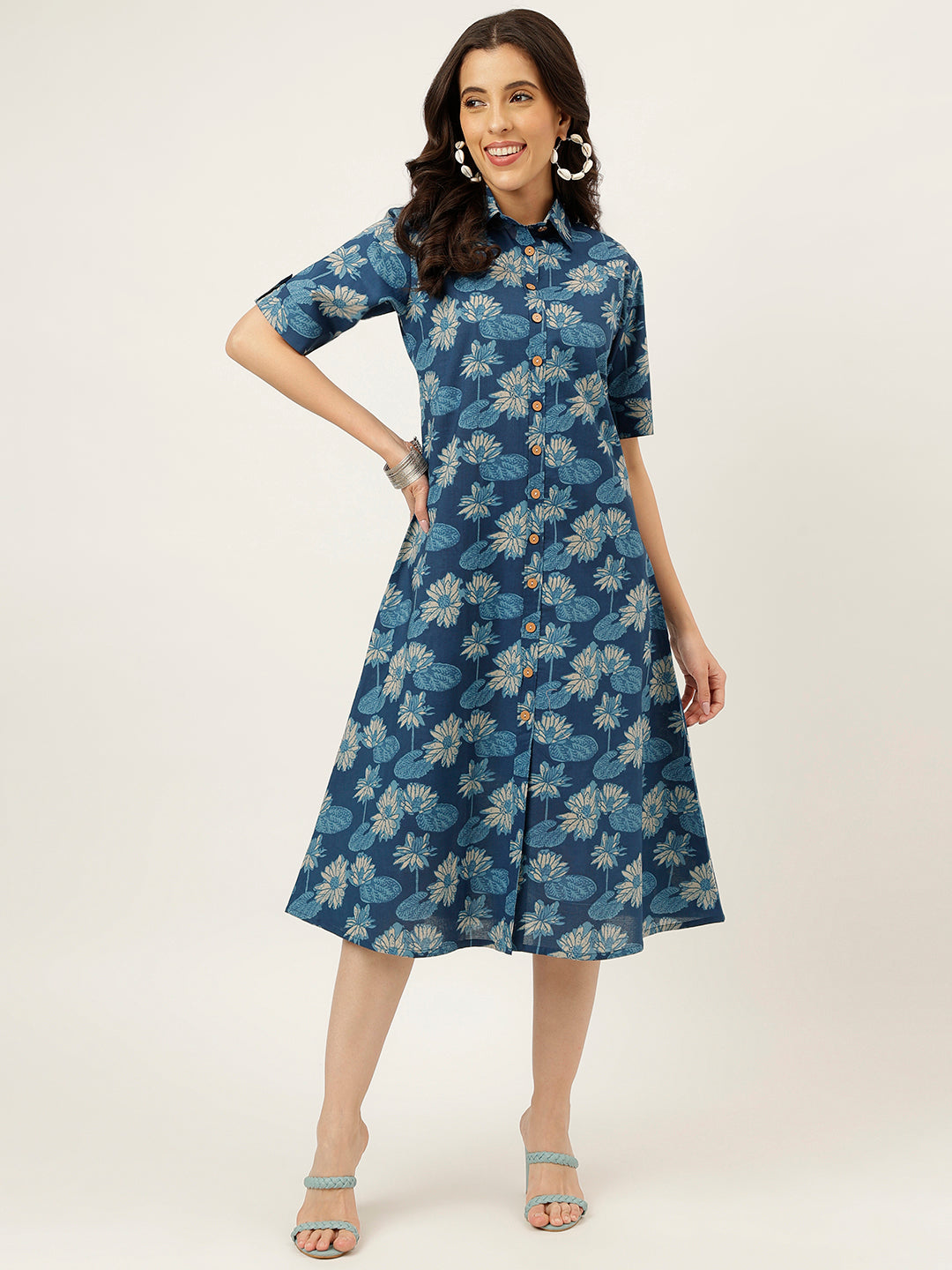 Blue Printed Cotton Shirt Dress