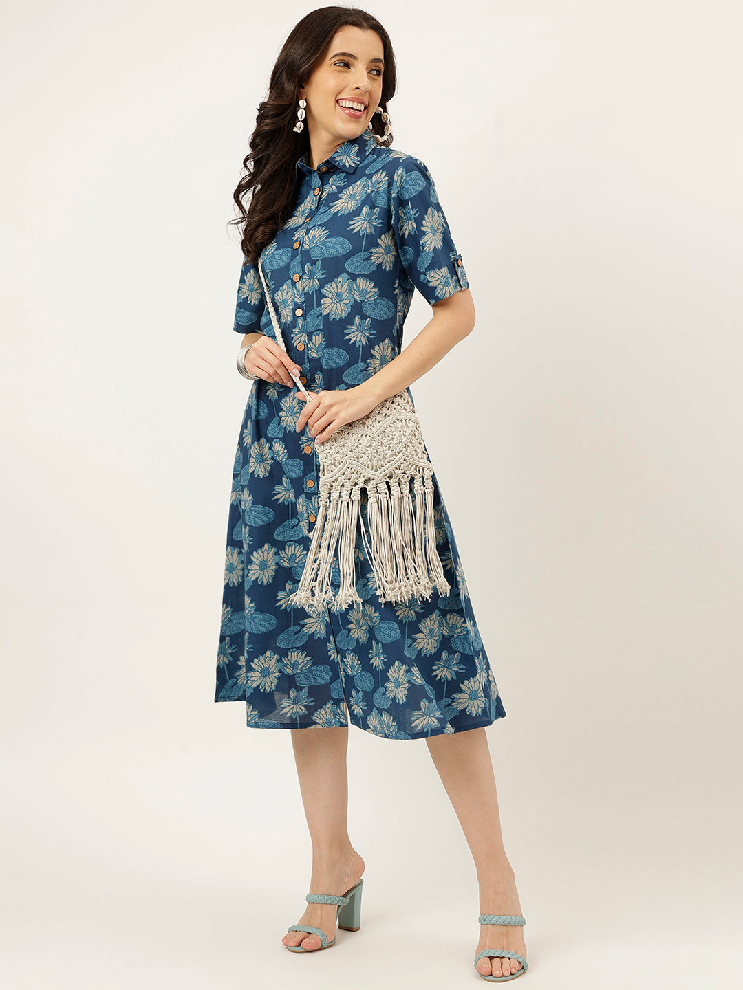 Blue Printed Cotton Shirt Dress