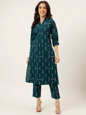 Teal Green V-Neck Cotton Kurta Set