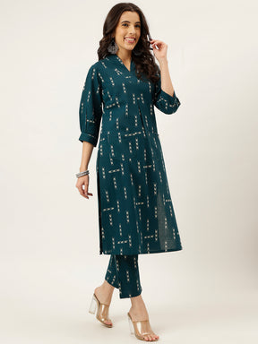 Teal Green V-Neck Cotton Kurta Set