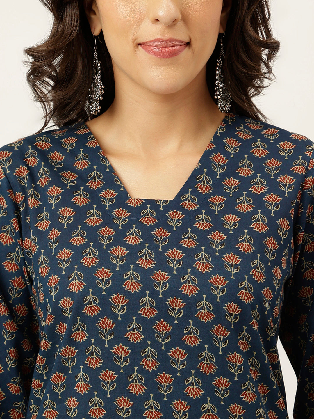 Royal Blue Printed V-Neck Cotton Kurta Set