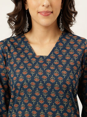 Royal Blue Printed V-Neck Cotton Kurta Set