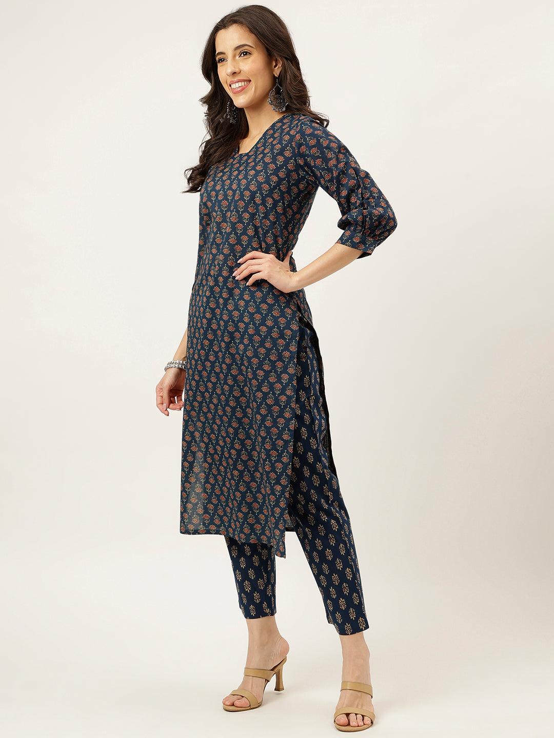 Royal Blue Printed V-Neck Cotton Kurta Set