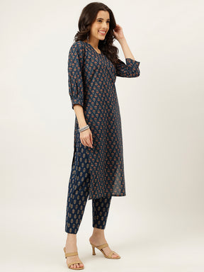 Royal Blue Printed V-Neck Cotton Kurta Set