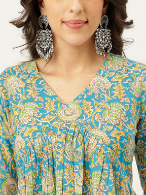 Blue Printed Alia Cut Cotton Kurta Set