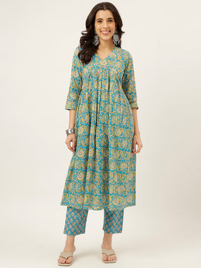 Blue Printed Alia Cut Cotton Kurta Set