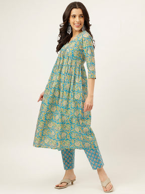 Blue Printed Alia Cut Cotton Kurta Set