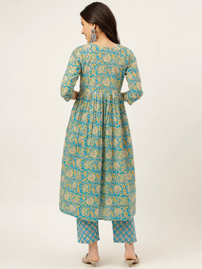 Blue Printed Alia Cut Cotton Kurta Set