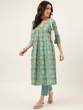 Blue Printed Alia Cut Cotton Kurta Set