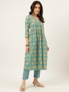 Blue Printed Alia Cut Cotton Kurta Set