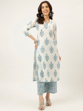 White and Blue Printed V-Neck Cotton Kurta Set