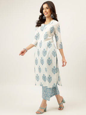 White and Blue Printed V-Neck Cotton Kurta Set