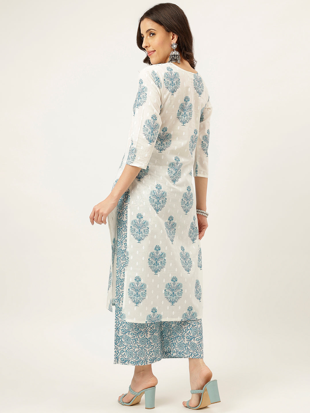 White and Blue Printed V-Neck Cotton Kurta Set