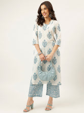 White and Blue Printed V-Neck Cotton Kurta Set