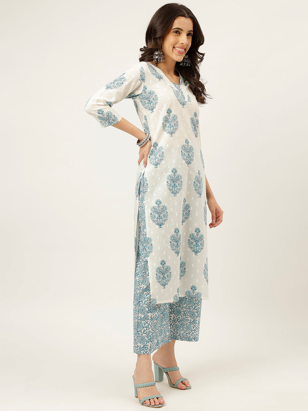 White and Blue Printed V-Neck Cotton Kurta Set