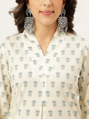 White and Blue Printed V-Neck Cotton Kurta Set