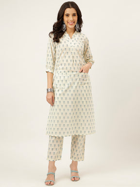 White and Blue Printed V-Neck Cotton Kurta Set