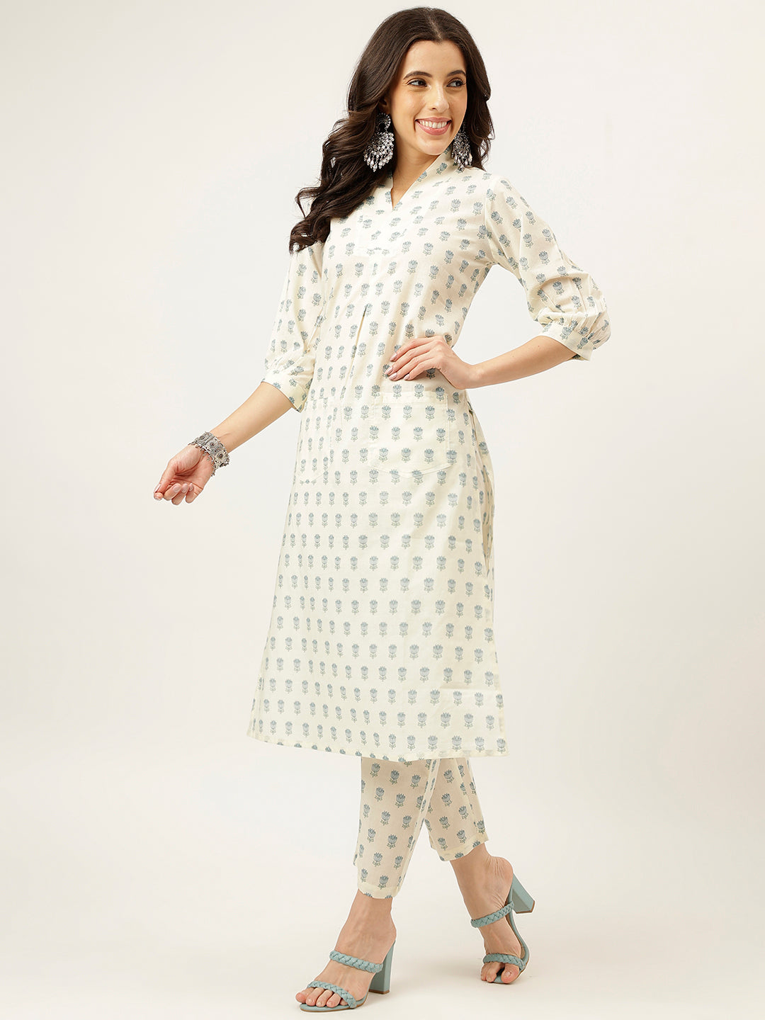 White and Blue Printed V-Neck Cotton Kurta Set