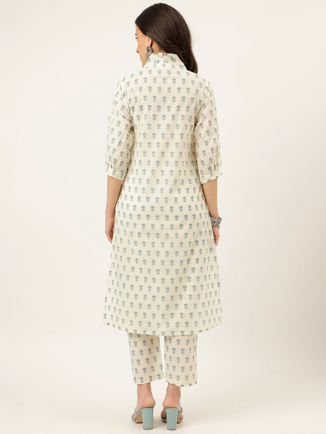 White and Blue Printed V-Neck Cotton Kurta Set