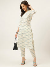 White and Blue Printed V-Neck Cotton Kurta Set