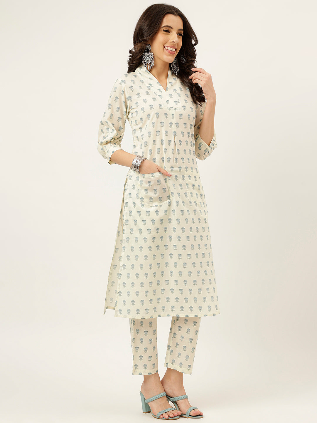 White and Blue Printed V-Neck Cotton Kurta Set