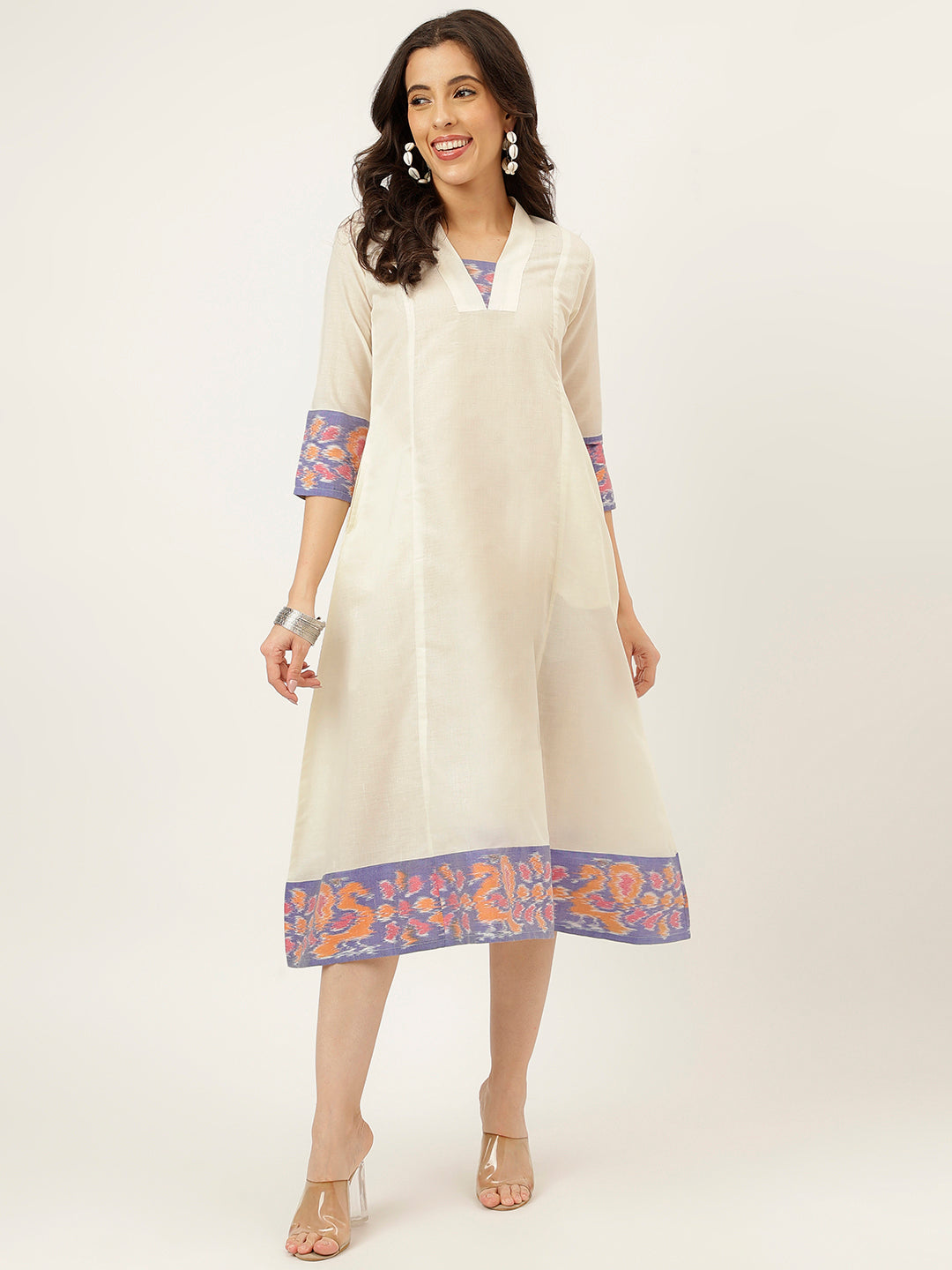 White Handloom Cotton Dress With Ikkat Border