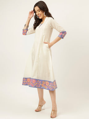 White Handloom Cotton Dress With Ikkat Border