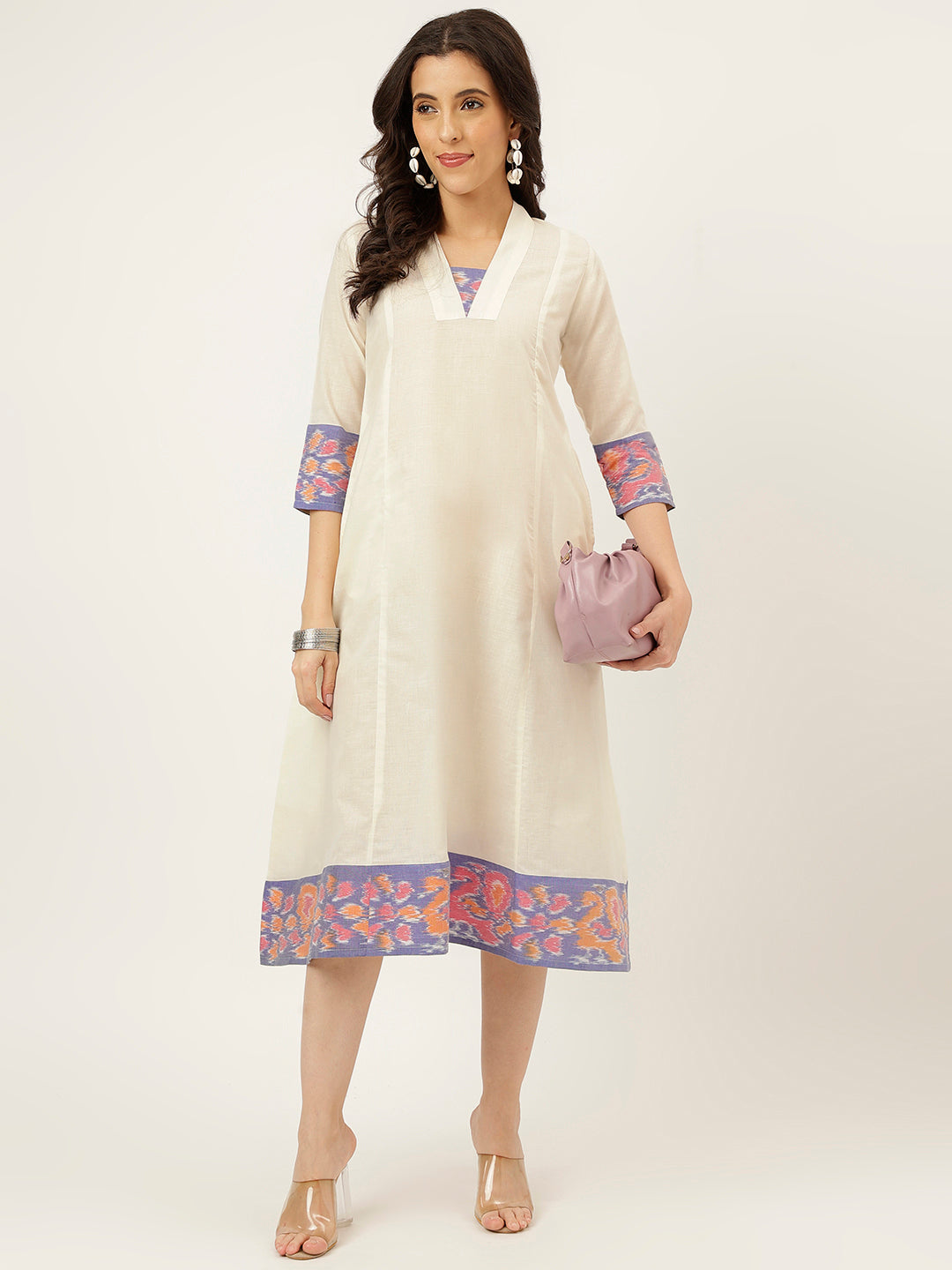 White Handloom Cotton Dress With Ikkat Border