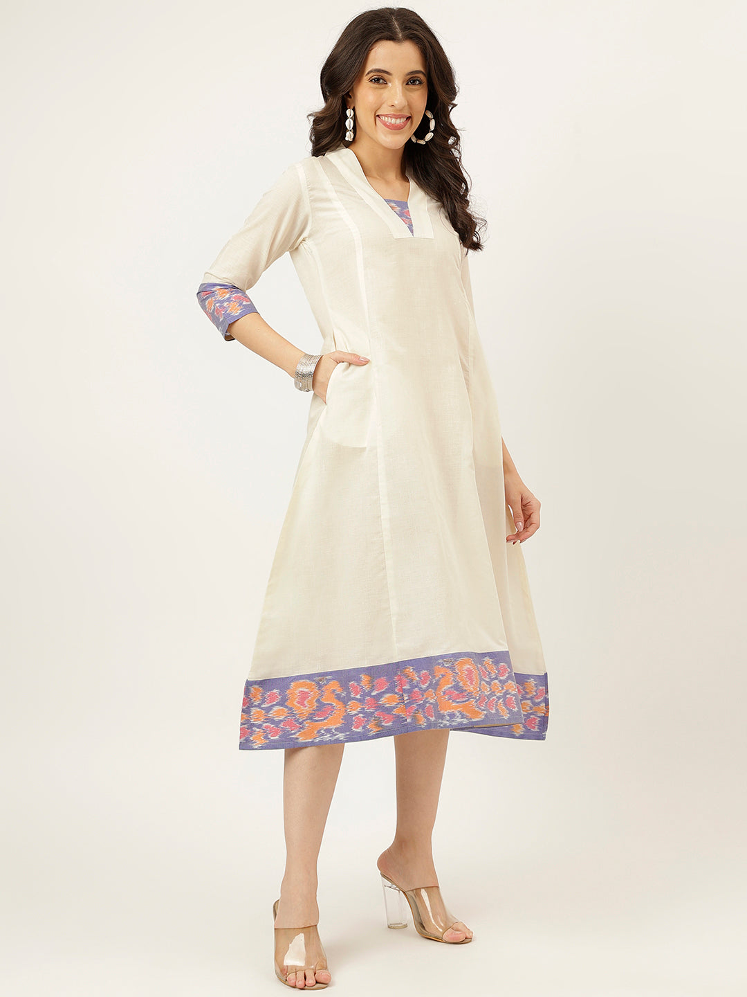 White Handloom Cotton Dress With Ikkat Border