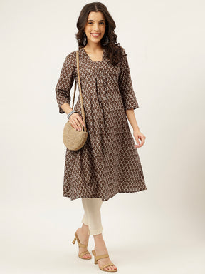 Grey Printed A-Line Cotton Kurti