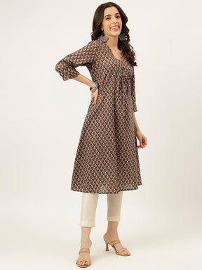 Grey Printed A-Line Cotton Kurti