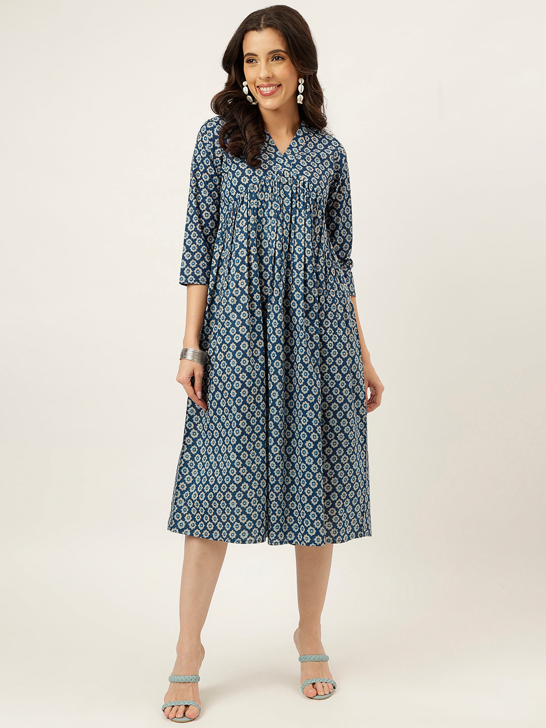 Blue Printed Cotton Alia Dress