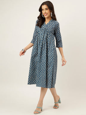 Blue Printed Cotton Alia Dress