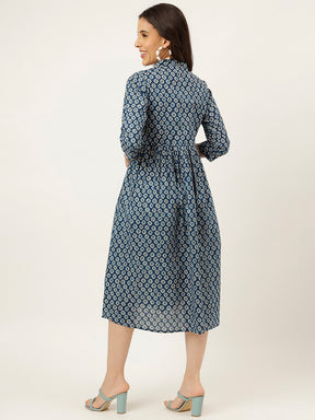 Blue Printed Cotton Alia Dress