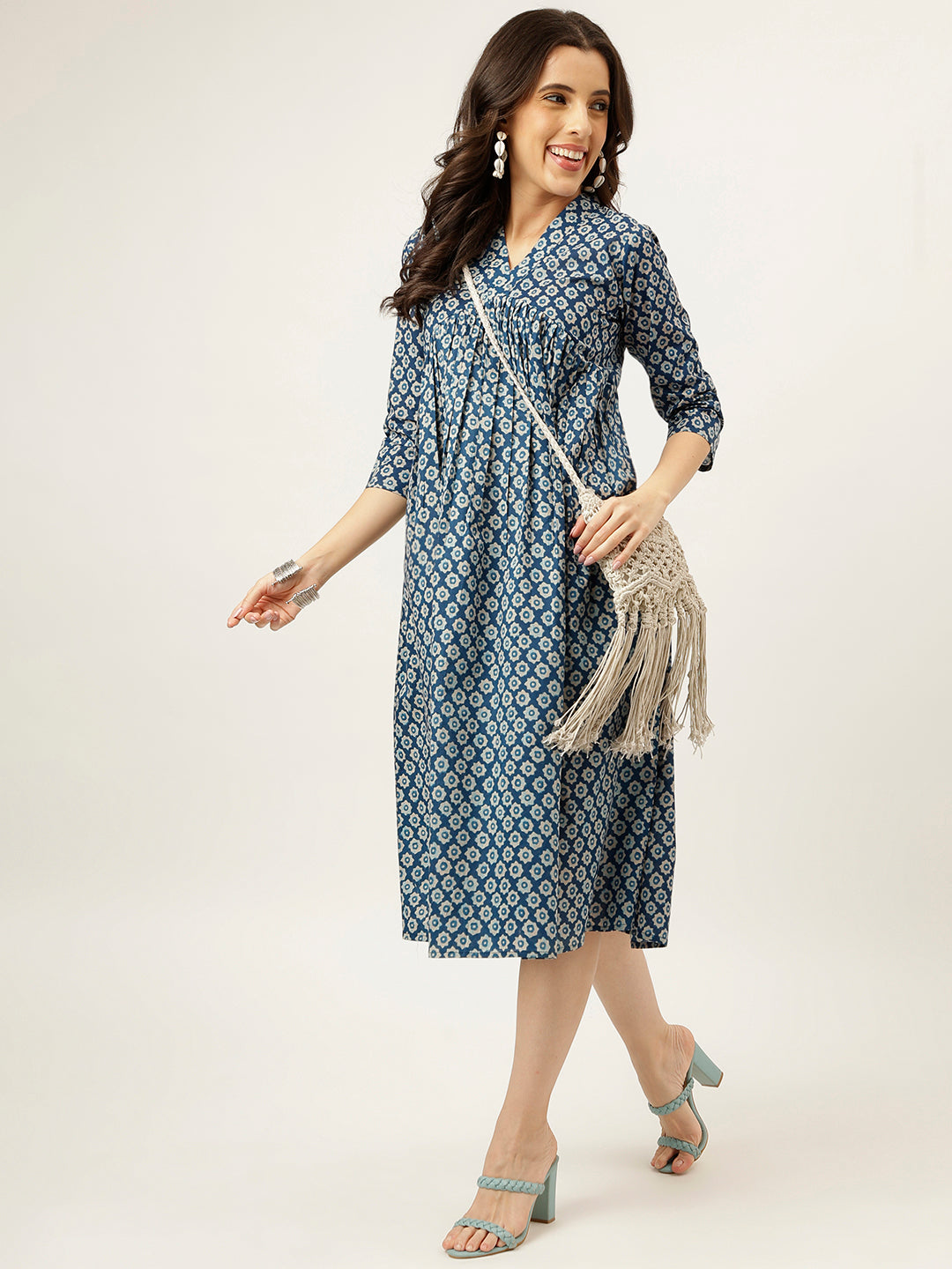 Blue Printed Cotton Alia Dress