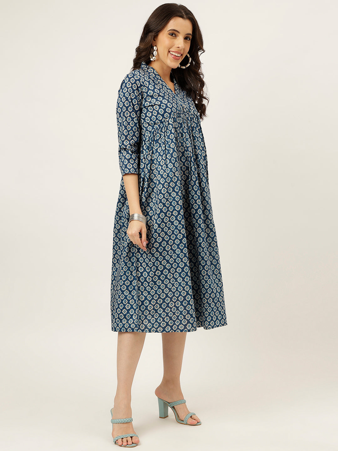 Blue Printed Cotton Alia Dress