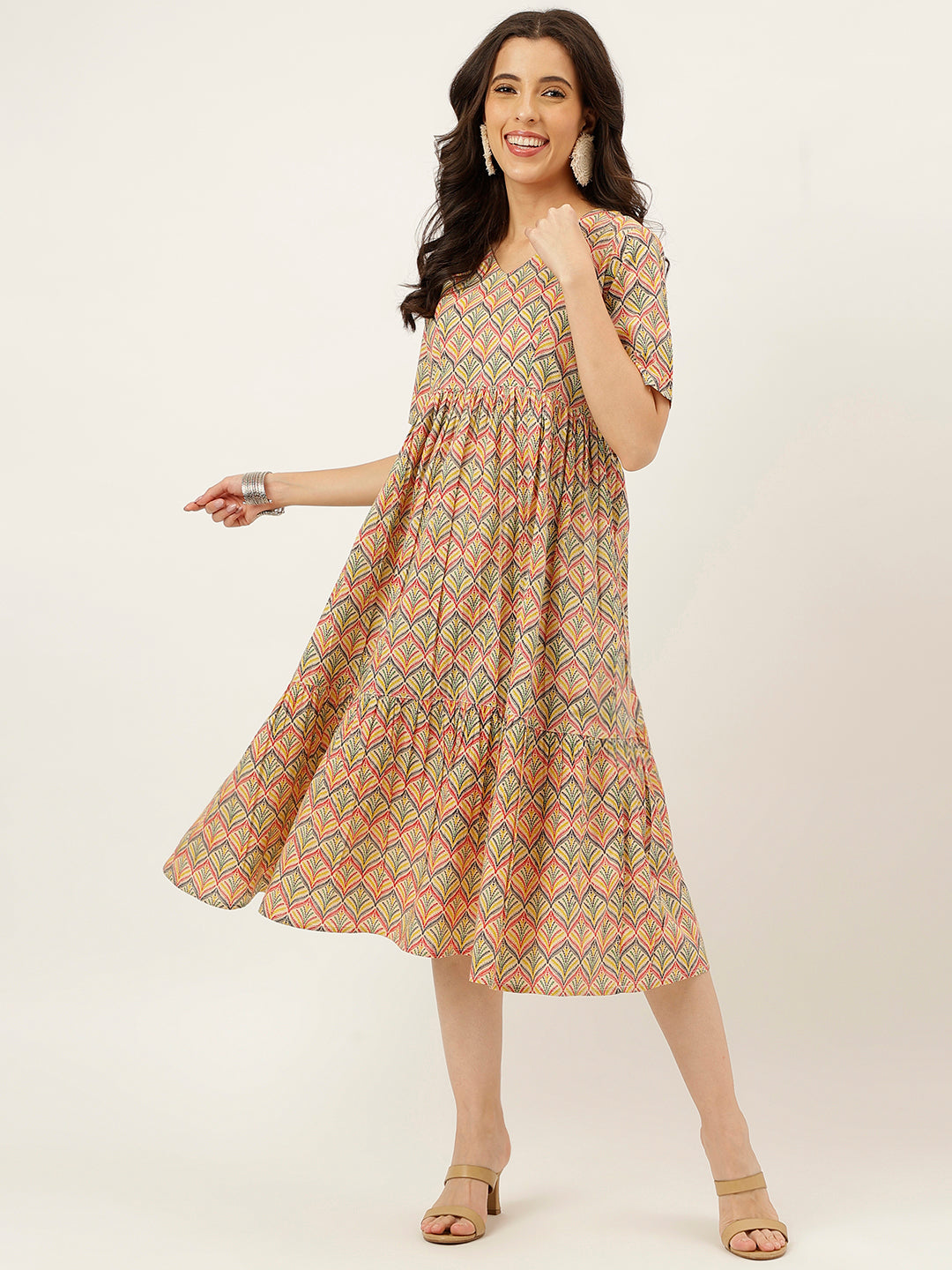 Yellow Printed Flared Cotton Dress