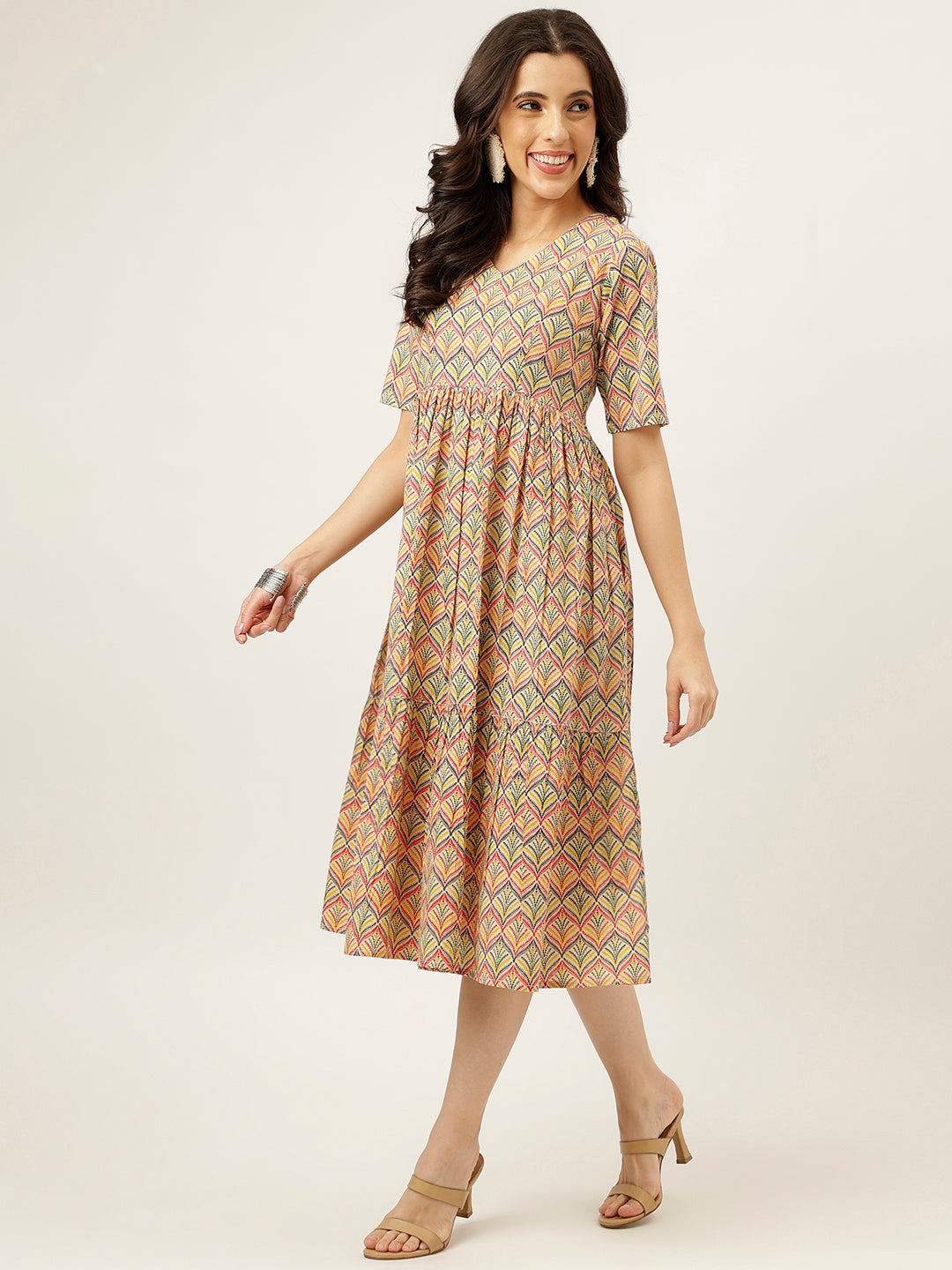 Yellow Printed Flared Cotton Dress