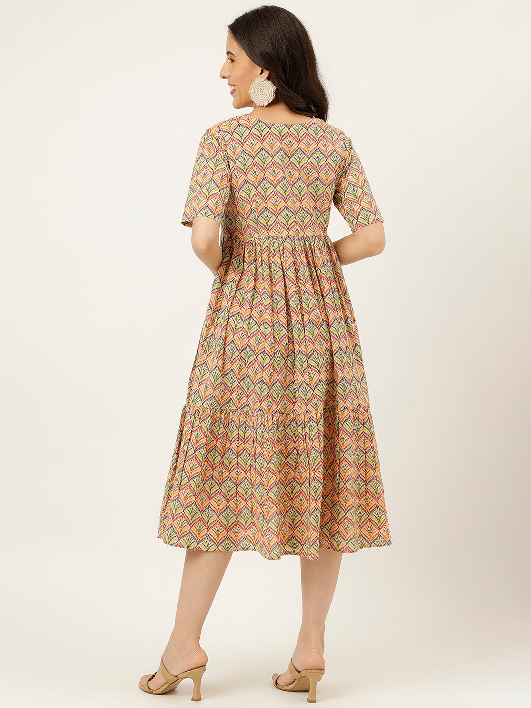 Yellow Printed Flared Cotton Dress