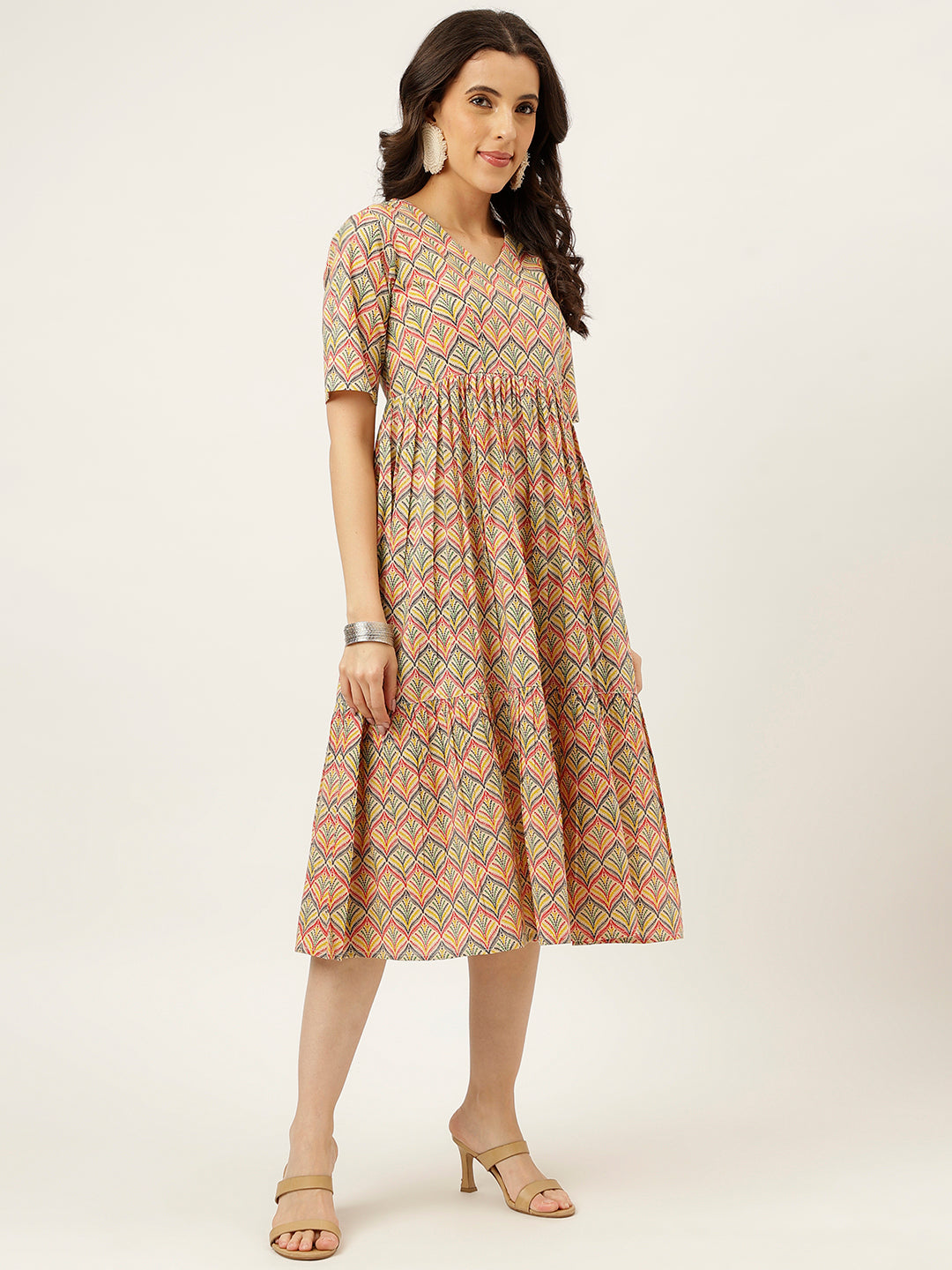 Yellow Printed Flared Cotton Dress