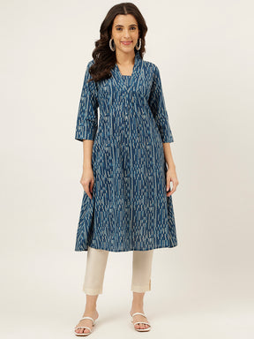 Blue Printed A-Line Cotton Kurti