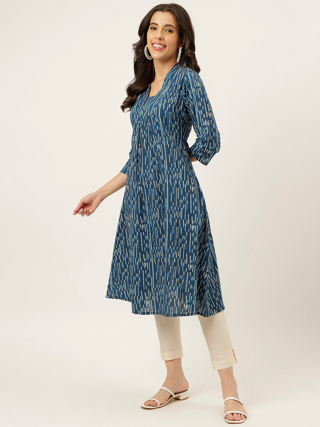 Blue Printed A-Line Cotton Kurti