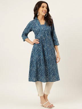 Blue Printed A-Line Cotton Kurti