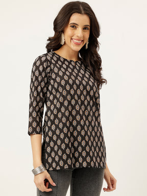 Black Printed Round Keyhole Neck Cotton Top