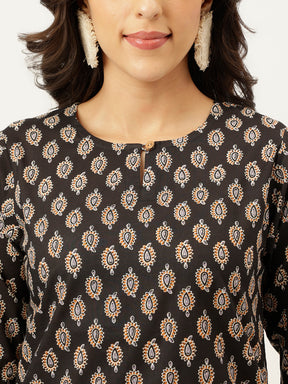 Black Printed Round Keyhole Neck Cotton Top