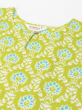 Green Printed Round Keyhole Neck Cotton Top